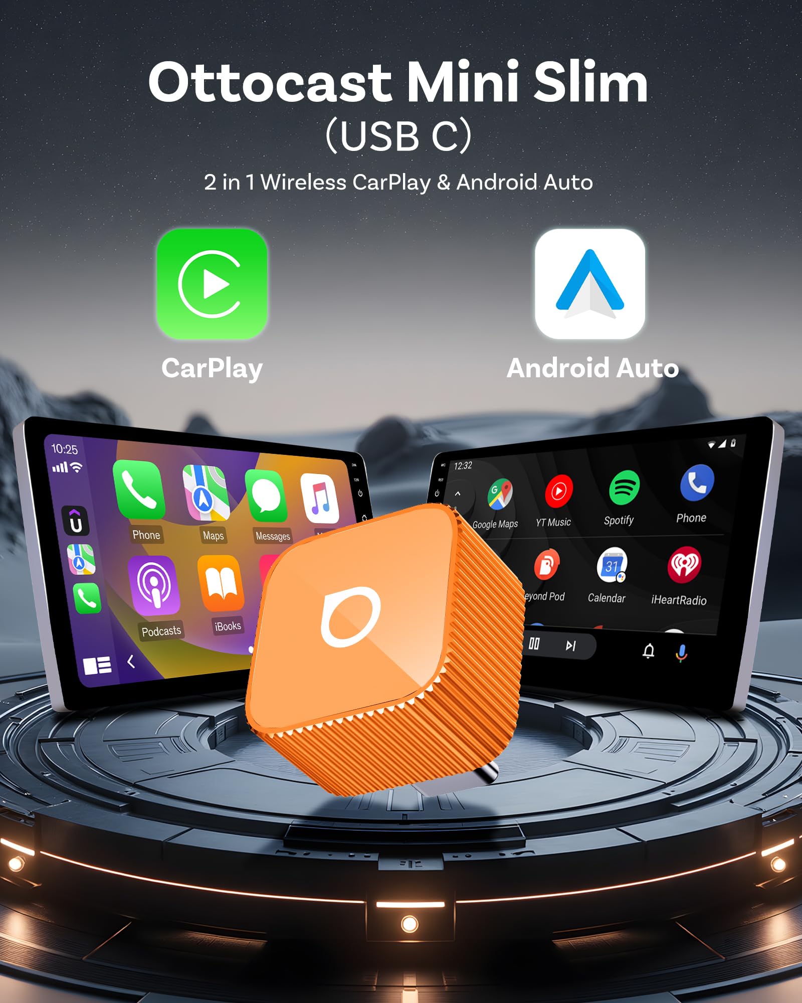 OTTOCAST Mini Slim 2026 Version, Adattatore Wireless CarPlay & Android Auto, Converti CarPlay/Android Auto da cablato a wireless, Dongle USB‑C Compatto, Cube arancione
