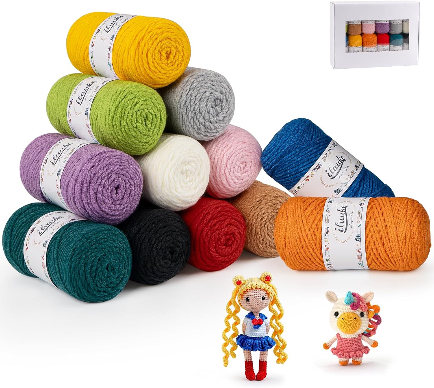 ilauke Crochet Yarn 12 x 45g Hand Knitting Yarns, 12 Colours Acrylic