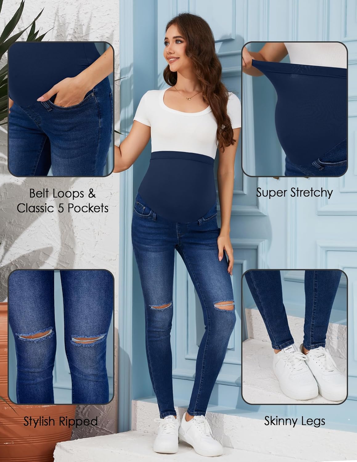 PACBREEZE Women’s Maternity Jeans Over Belly Skinny Stretchy Denim Pants Comfy Slim Pregnancy Pants