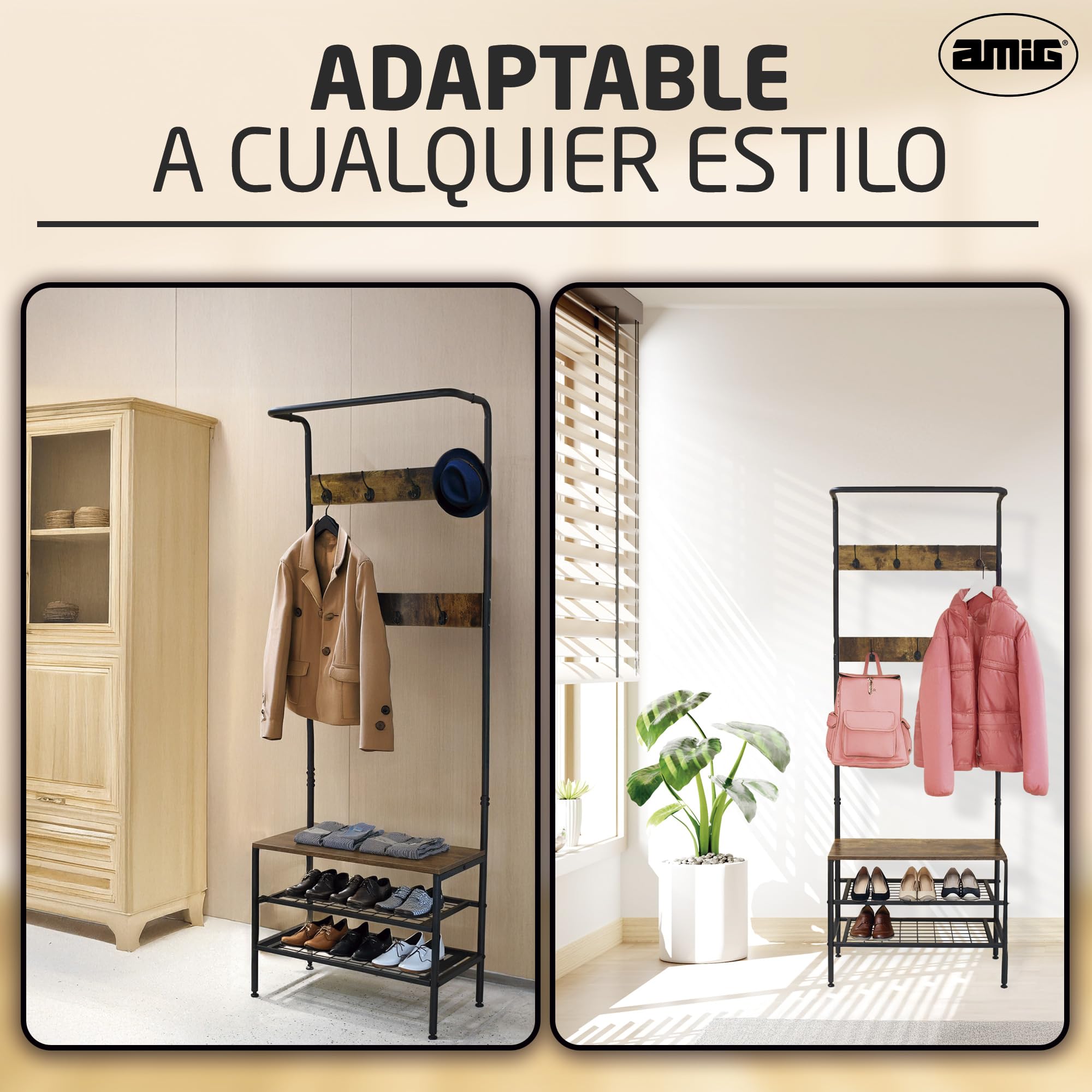 Amig - Perchero de pie con Zapatero Lukïen - Mueble recibidor con banco de Estilo Industrial - 183x66x32,5 cm - Metal y Madera - Color negro y marrón - Burro para pasillo o entrada de Estilo rústico