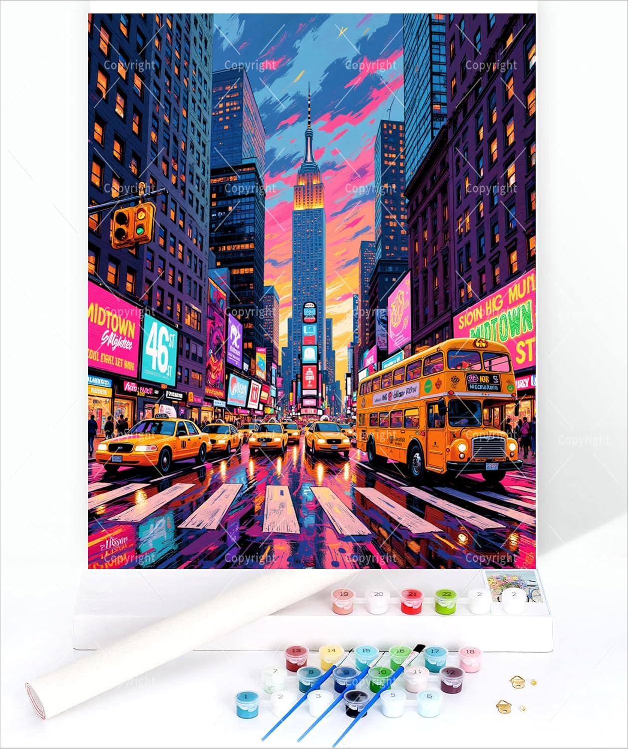 New York City Paint By Numbers Kit For Adults – DIY Empire State Building And Taxi Street Painting On Canvaschs, Acrylic Paint Set, Suitable For Beginners, Art For Home Decoration(12X16IN framed)