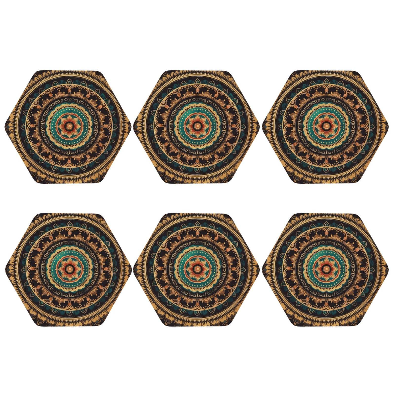 6pcs Leather Coasters for Drinks, Mandala Drink Coasters for Tabletop Protection, 4" Cup Coasters for Coffee Table Decor, Non-Slip Drinking Cup Mat for Hot Or Cold Drink