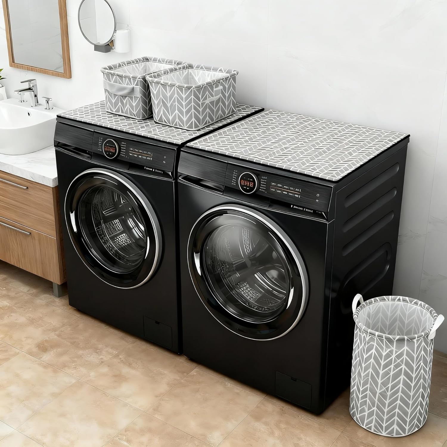 5Pcs Washer and Dryer Top Protector Mat Set with 2Pcs Diatom Mud Washer Dryer Covers, 2Pcs Foldable Storage Basket and 1Pcs Laundry Hamper for Home Laundry Room Organization and Decor,Gray