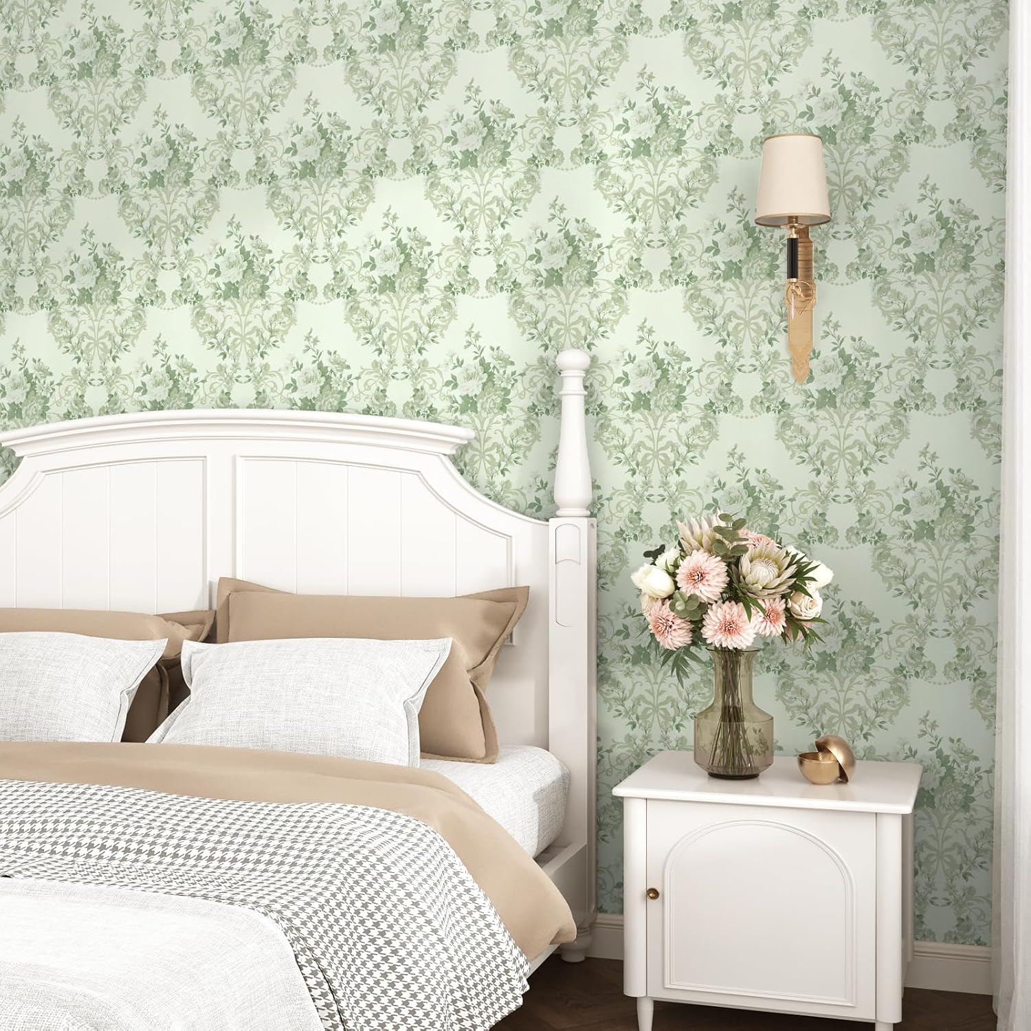 Green Floral Wallpaper Peel and Stick Vintage Floral Wallpaper for Bedroom Living Room Victorian Flower Contact Paper Self Adhesive Waterproof Contact Paper for Cabinets Liner 17.5"x102"