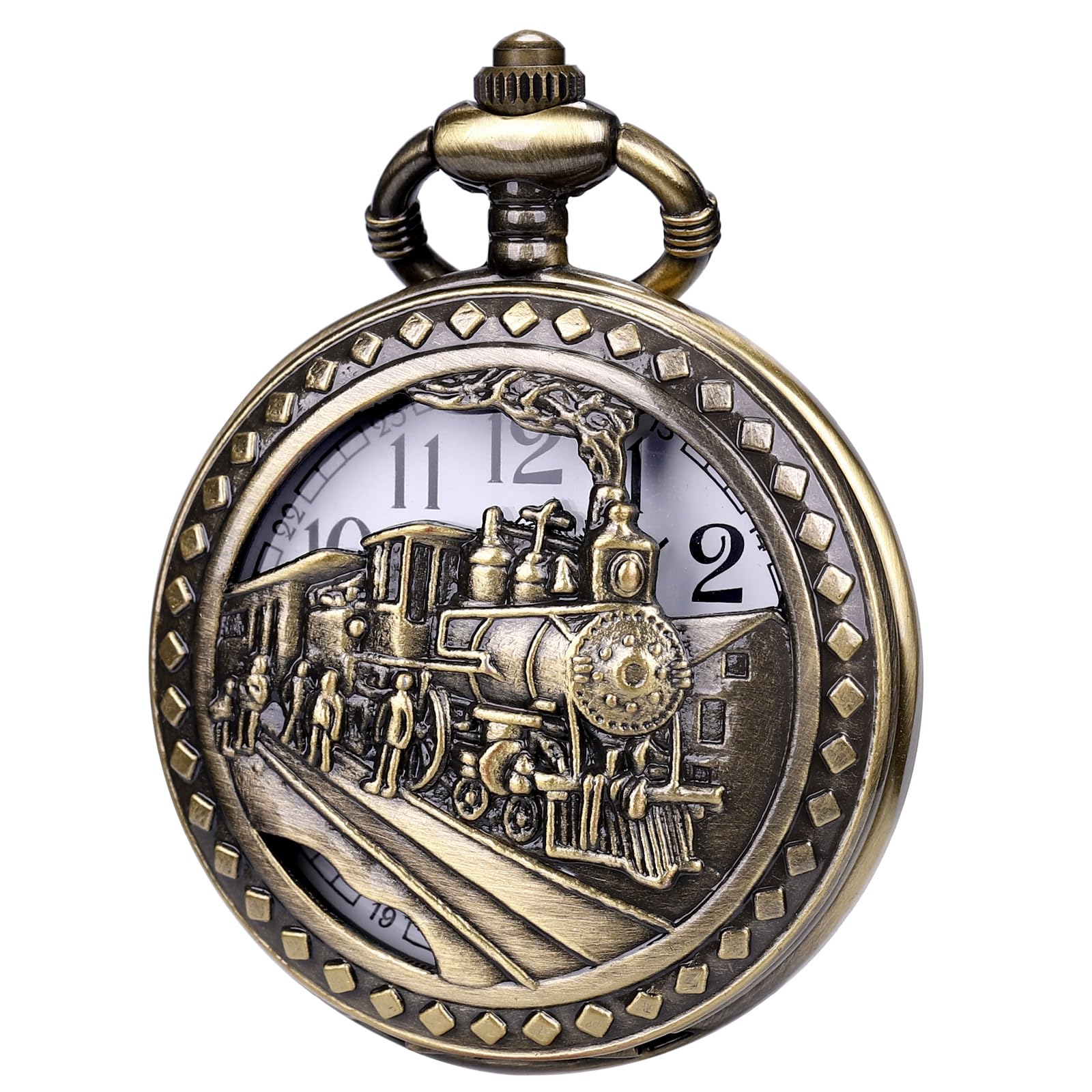 ManChDa Orologio da tasca – Orologio da tasca speciale 3D treno ferrovia a vapore copertura antica Steampunk orologio da tasca e catena orologio da taschino al quarzo vintage da uomo + confezione