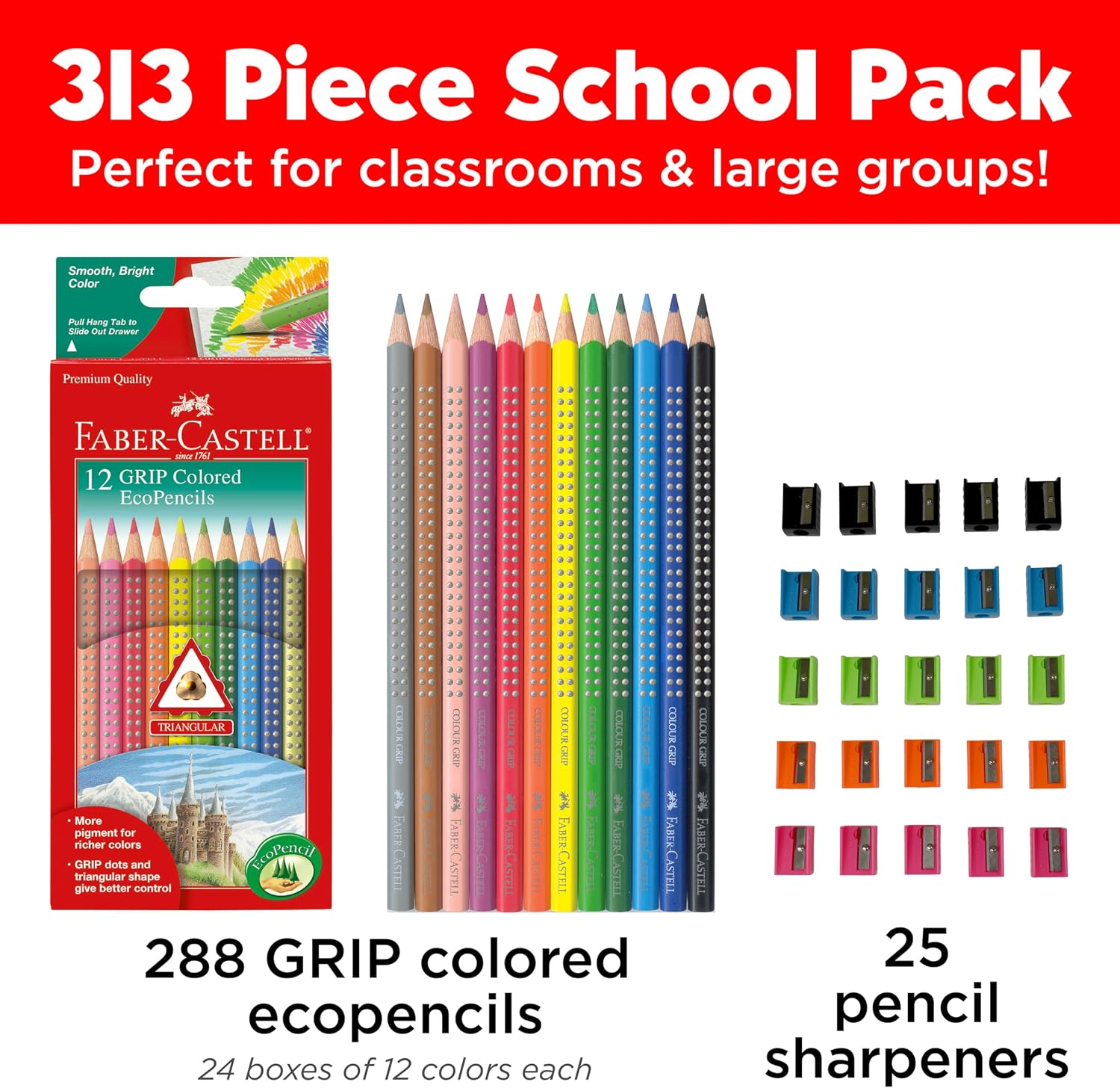 Faber-Castell Grip Colored EcoPencils School Pack - 288 Colored EcoPencils - 12 Pencil Sharpeners