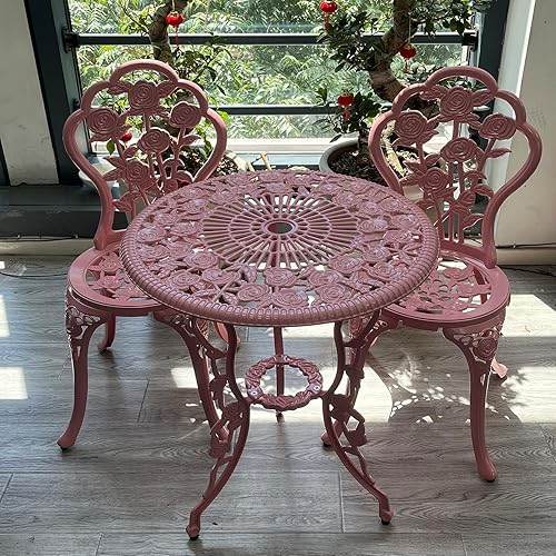 Miniatura 5 de Juego de 2 mesas y sillas de aluminio fundido para exteriores, 3 piezas, con agujero para sombrilla para patio, jardín (rosa, rosa)