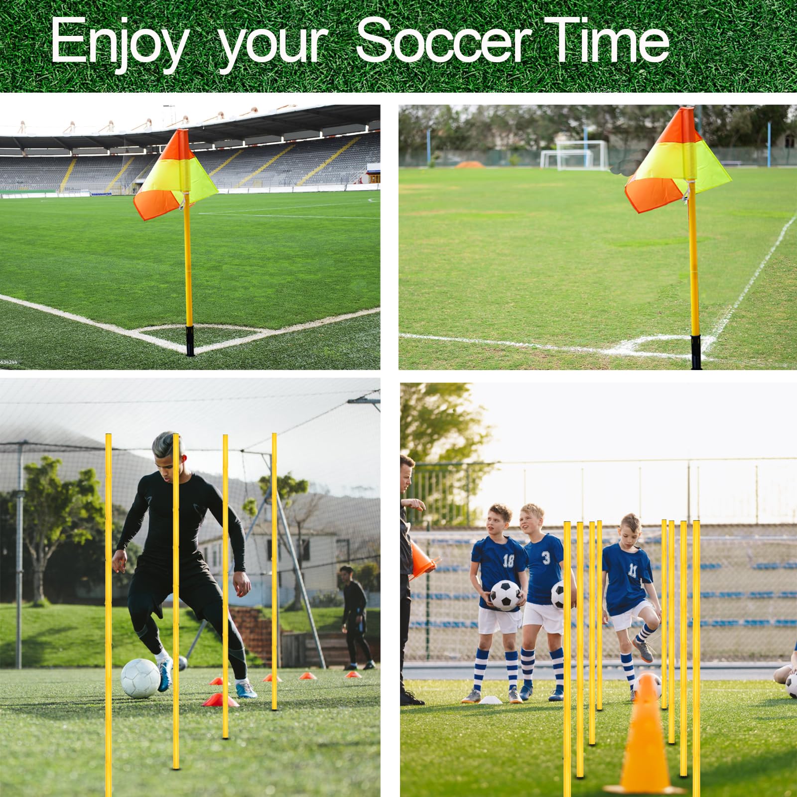 Lot de 4 drapeaux d'angle de football, drapeaux de coin de terrain de jeu, drapeaux de football, bâtons d'agilité de football, équipement de football pour l'entraînement du gazon avec drapeaux
