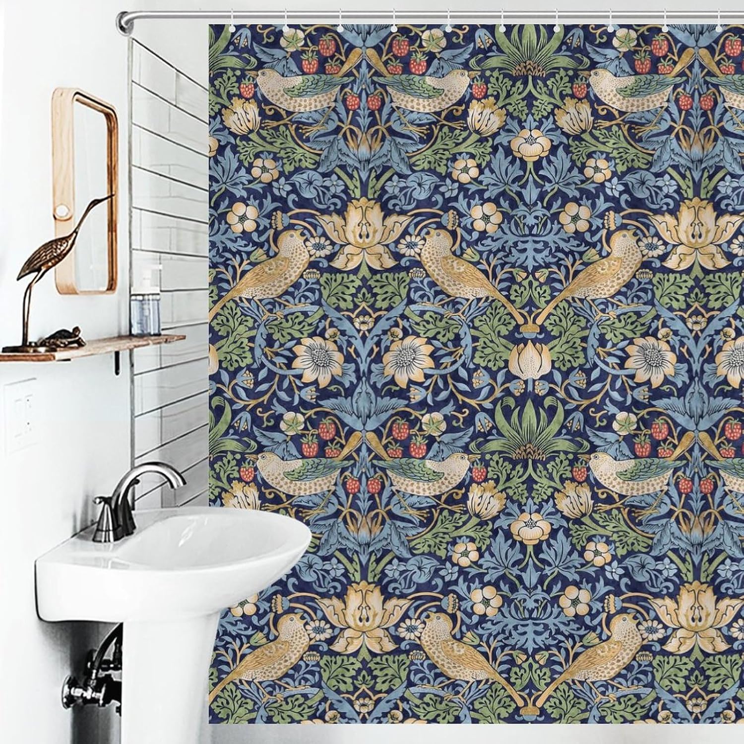 William Morris Shower Curtain, Original Design Blue Shower Curtain Set for Bathroom Decorative Bath Curtain Washable Curtain Hooks, 72x72” Strawberry Thief