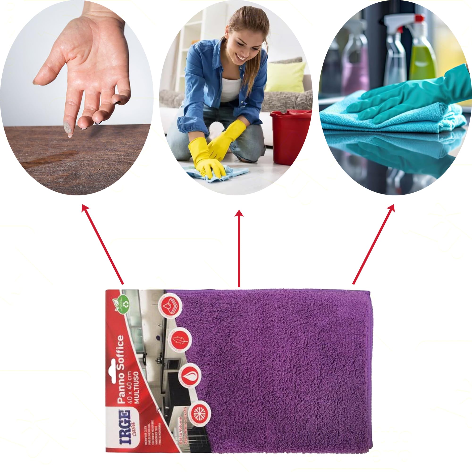 Sicignano – Tissu doux multi-usages en microfibre, extra volume, ultra absorbant, zéro halos – pour surfaces délicates et sols, lavable et réutilisable, couleurs assorties (2, 40 x 40 cm)