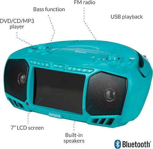 Vista 12 de Aiwa Boombox portátil, sonido cristalino con 3W x 2 altavoces y función de bajos, con una pantalla LCD de 7 pulgadas, conectividad Bluetooth, radio