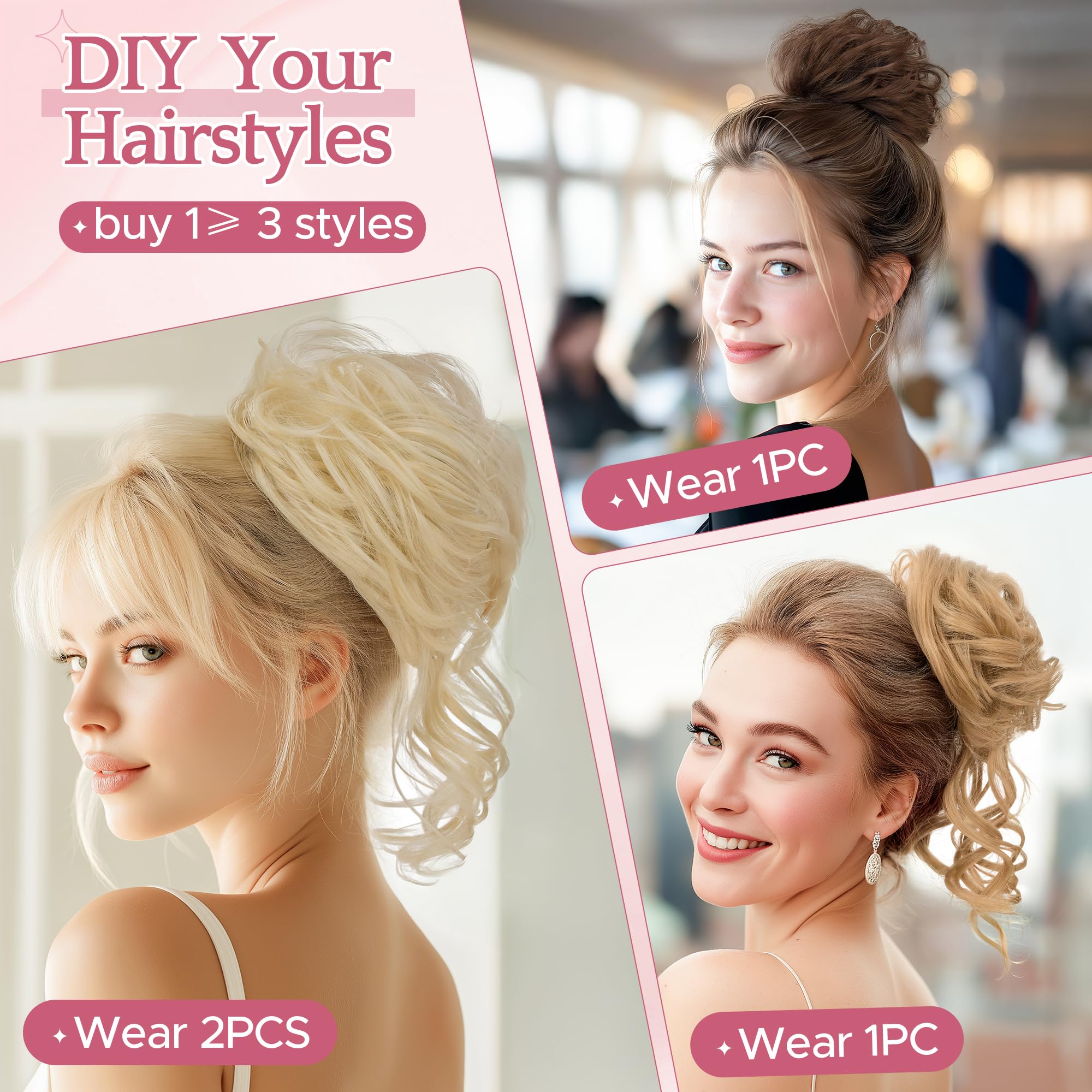 SEGO 2 Pieces Messy Bun Fluffy Tousled Updo Scrunchies 75g Synthetic Hair Bun Hair Piece Set for Women Easy Bun Hairpiece Light Brown - Image 4