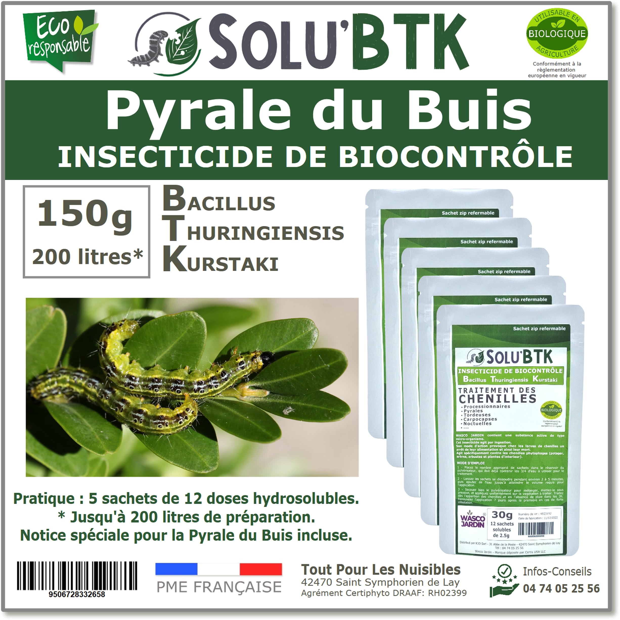 SoluBTK - Pyrale du buis 150gr Bacillus thuringiensis - Insecticide Utilisable en Agriculture Biologique