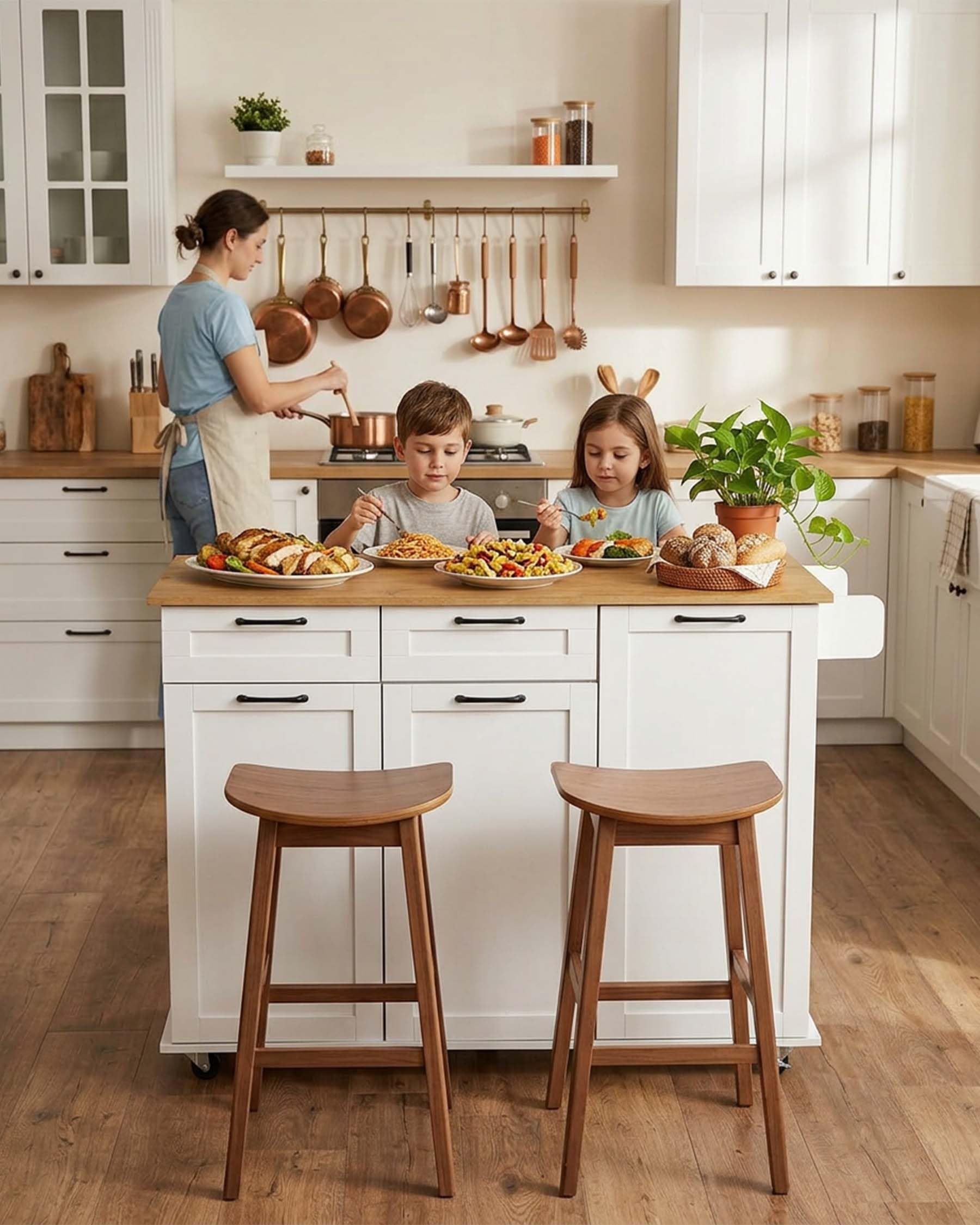 Îlot de Cuisine avec Prise et Plan de Travail Pliable Meuble Cuisine avec roulettes Buffet Cuisine avec Rangement 2 tiroirs et 2 Portes Blanc/chêne 120 x 74 x 94,5 cm