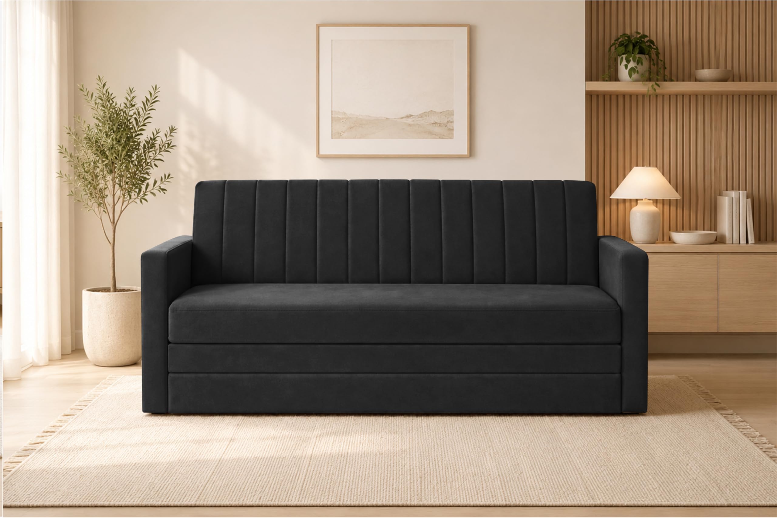 Los Angeles Modern Velvet 3-Seater Sofa Cum Bed with Armrest, Multipurpose Convertible Sleeper Couch Sofa for Living Room, Bedroom & Office- Black Color