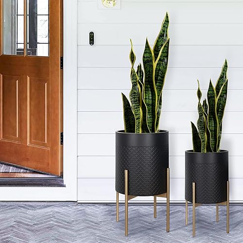 Miniatura 7 de Oakrain Macetas para plantas de interior, juego de 2 macetas modernas de mediados de siglo con soporte, macetas decorativas de metal para sala de