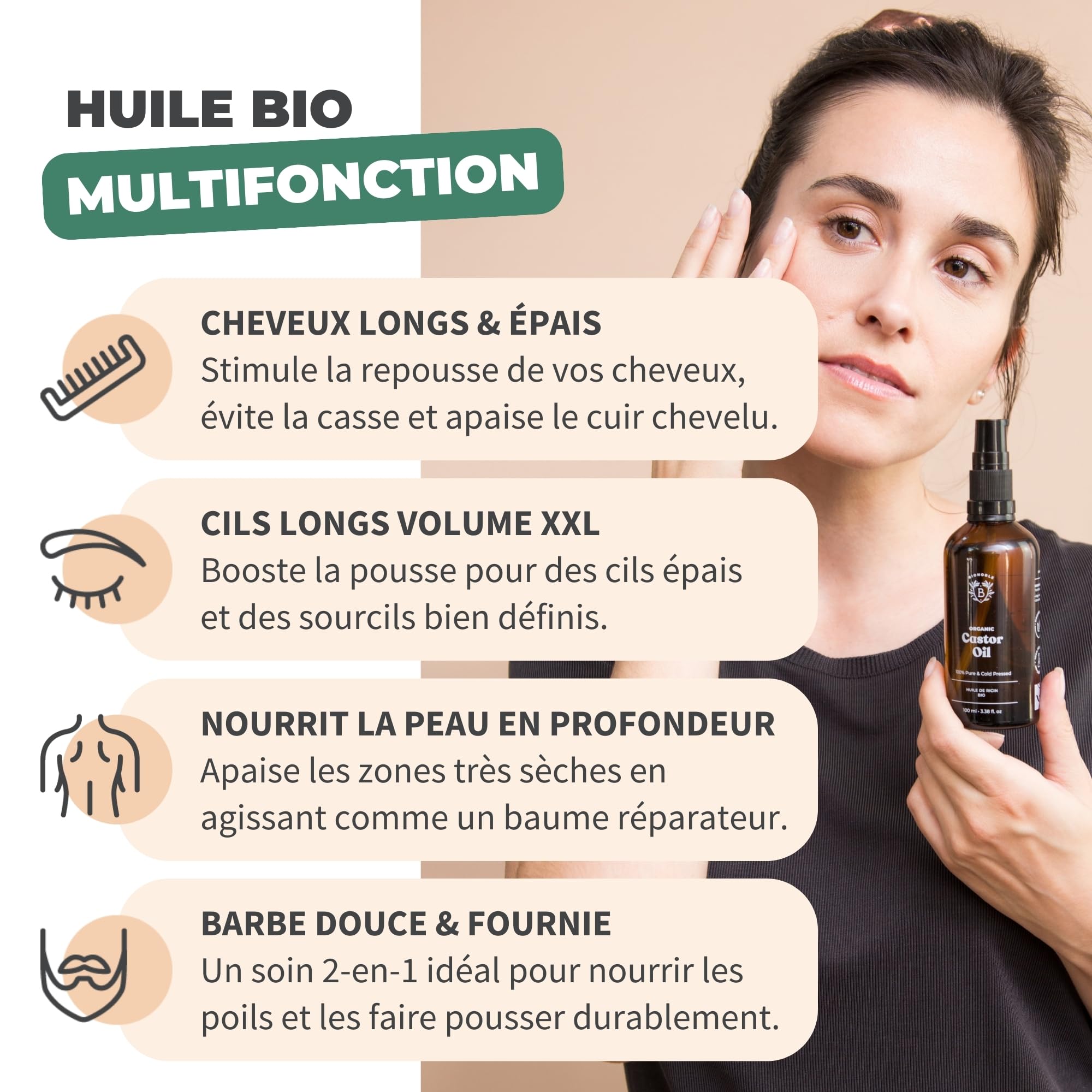 BIONOBLE Rizinusöl Kaltgepresst Bio - 100% Natürlich, Ohne Hexan - Wachstumsfördernd, Repariert - Rizinusöl Bio Haare, Wimpern, Augenbrauen, Haut - Castor Oil - Glasflasche, Pipette, Pumpe - 50ml - 2