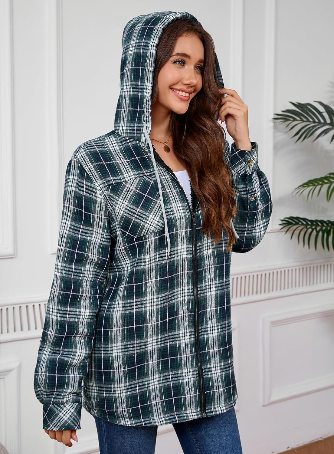Womens Fleece Lined Jacket Fleece Zip Up Jacket Flannel Plaid shirt jacket Full Zip Hoodies for Women - Image 6