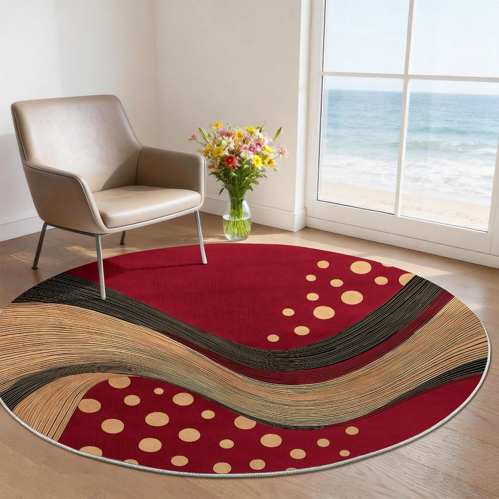 Tapis Rond 120 cm, Abstrait Circulaire Rayé Rouge Lavable et Antidérapant, Tapis de Sol Doux pour Chambre, Salon Cheminée et Salle de Jeux, Décoration Intérieure