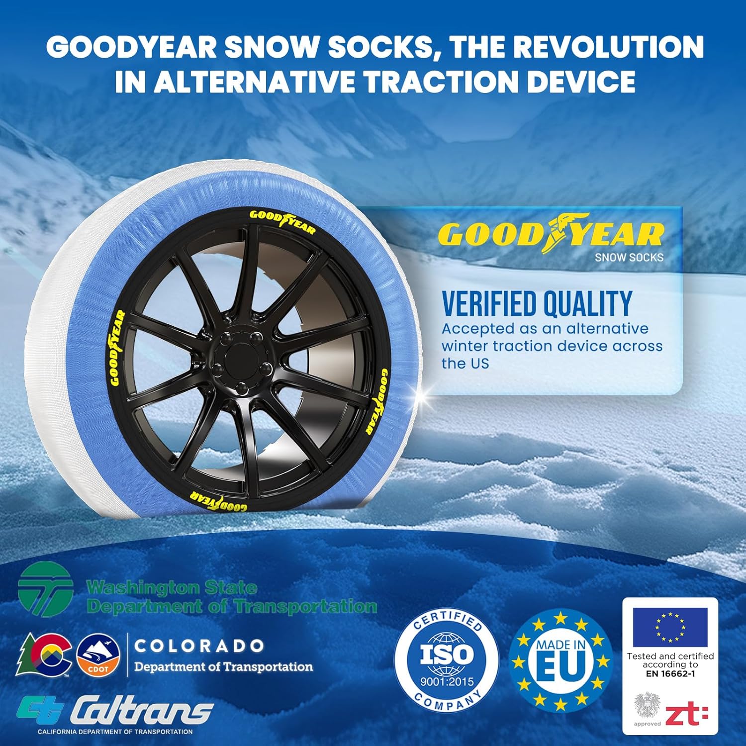 Goodyear Pro Snow Socks for Tires. Designed for All Tire Brands. Textile Chain Replacement for Optimal Traction in Snow & Ice. Easy Install. Emergency Winter Safety Solution, Multi-Season Use.