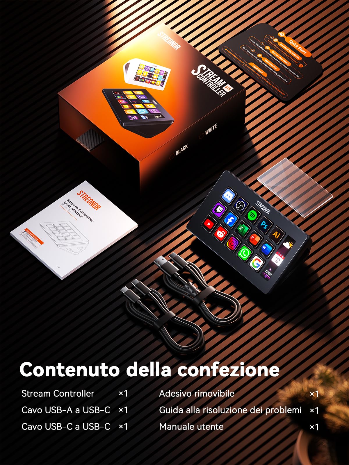 STREONOR Stream Control Deck Standard S15 con 15 tasti e display info | Stream Controller per OBS, Twitch, Discord, ecc., ideale per streaming, editing video e gaming, Mac/Windows-Nero