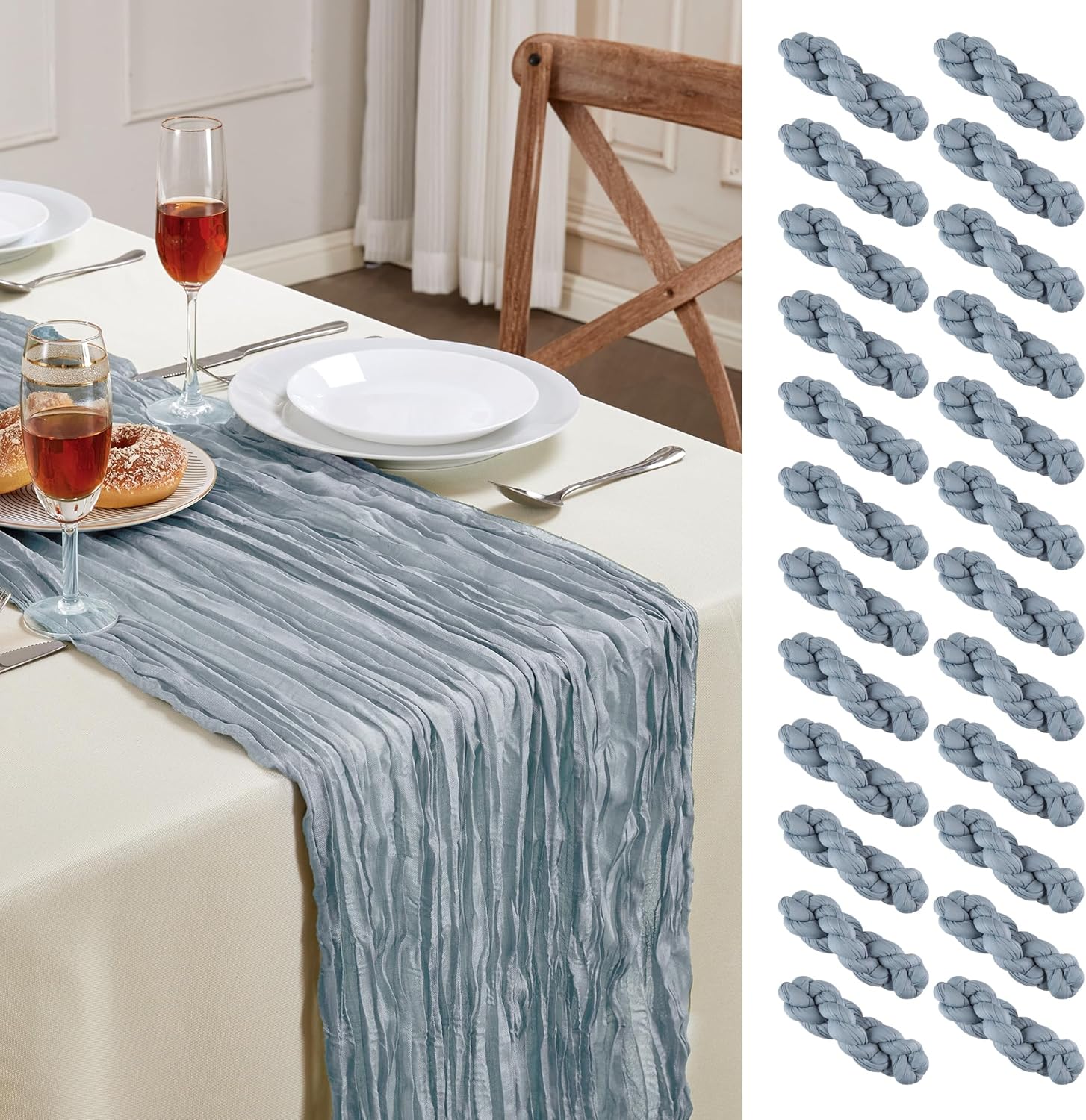 24 Pack Dusty Blue Cheesecloth Table Runner 10FT Long Boho Gauze Rustic Sheer for Wedding Bridal Baby Shower Birthday Party Decor Thanksgiving Christmas Decorations