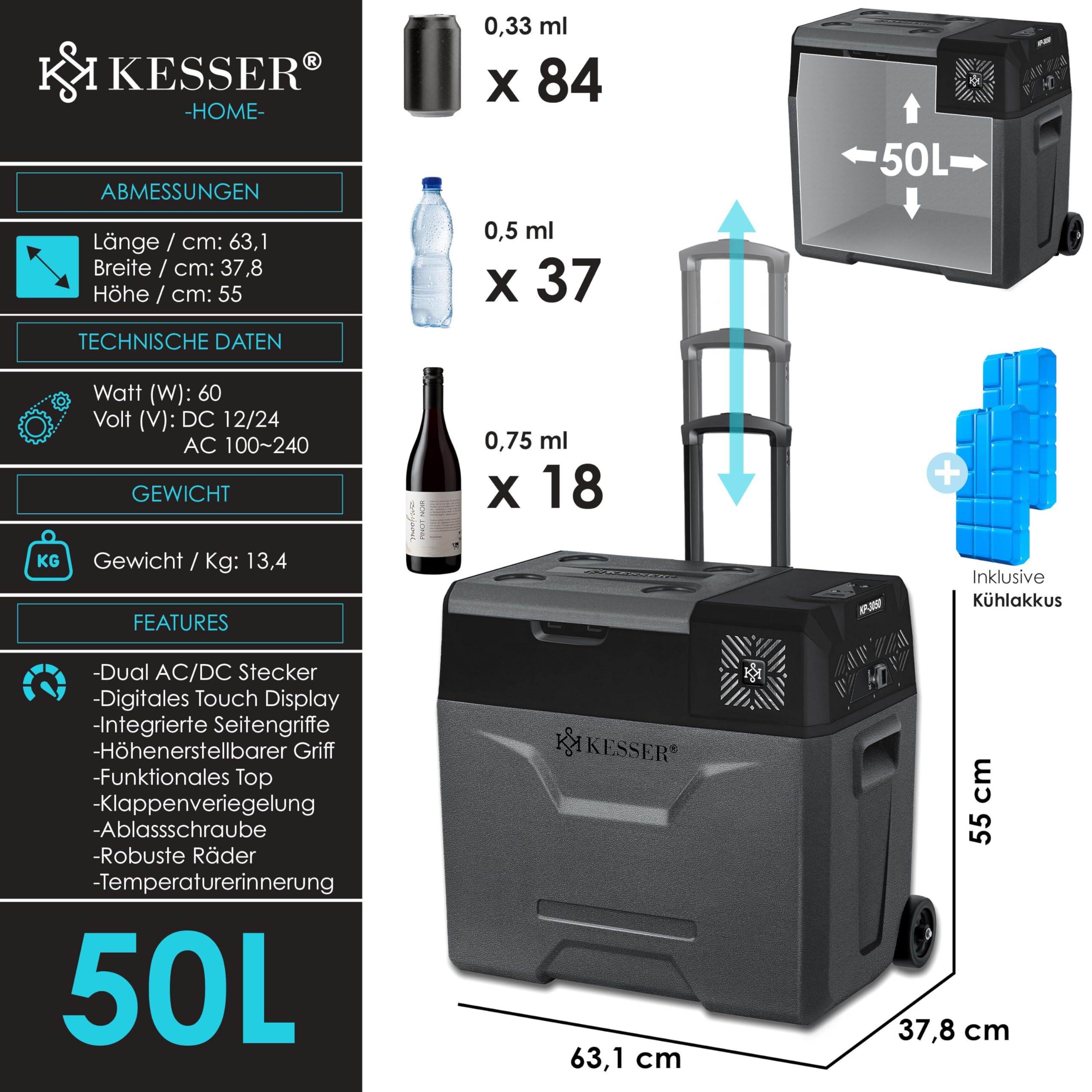 KESSER® Lodówka elektryczna z kompresorem, 50 litrów, ze sterowaniem za pomocą aplikacji, złącze USB 12/24 V 230 V, drążek teleskopowy do lodówki, chłodzenie do -20 °C do samochodu, ciężarówki, łodzi, kampera, kempingu