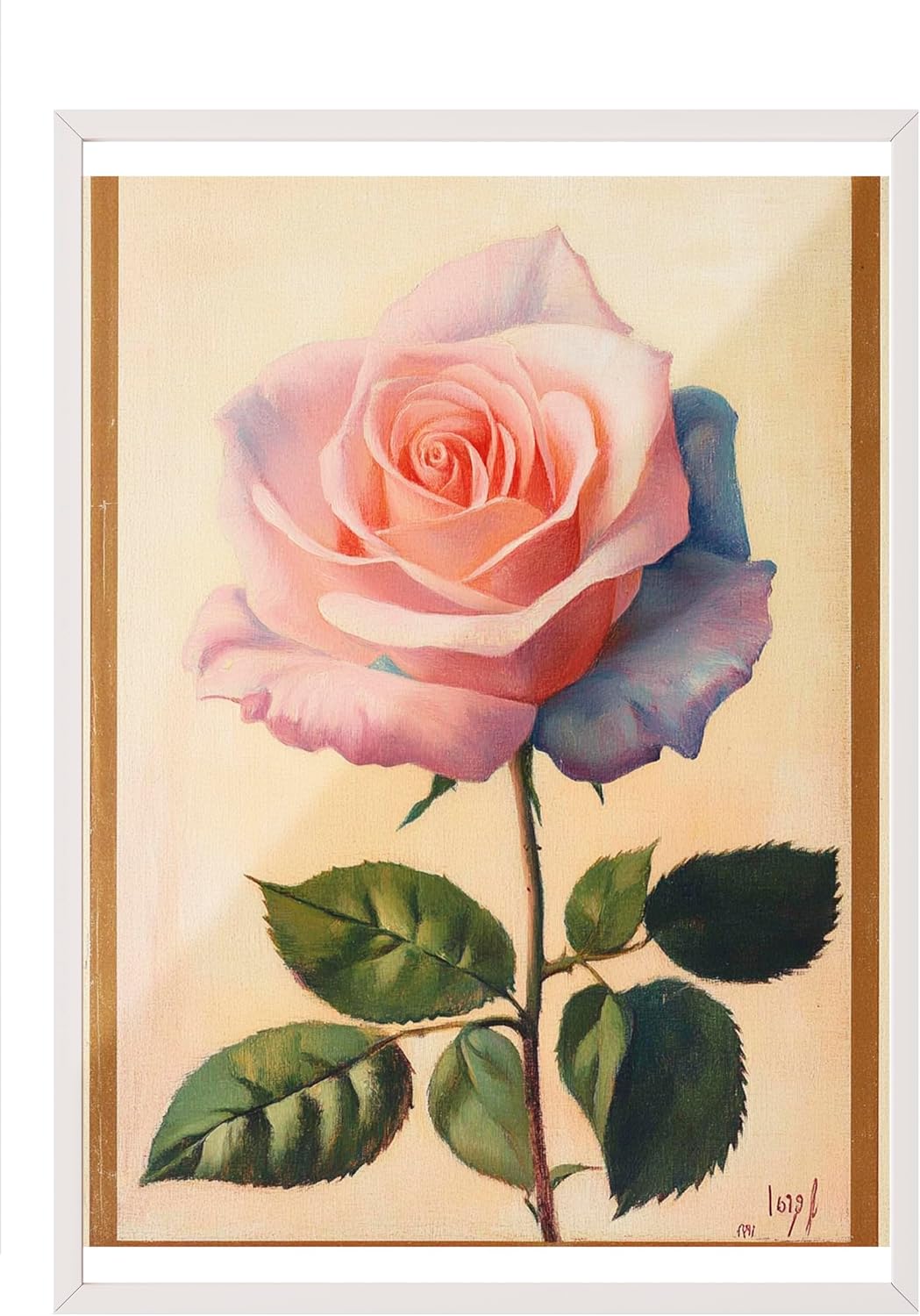 Zestia Beyaz Çerçeveli Tablo, Pembe Gül, Realistik Çiçek İllüstrasyonu Poster No: 107432 21 x 30