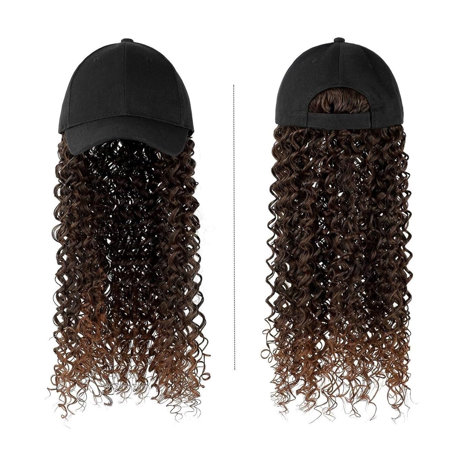 FEELIN Baseball Cap with Hair Extensions Baseball Cap Wig Synthetic Long Curly Wigs Hat Wig Natural Black/Brown Cap With Hair For Women Hat Wig(Color:F989)
