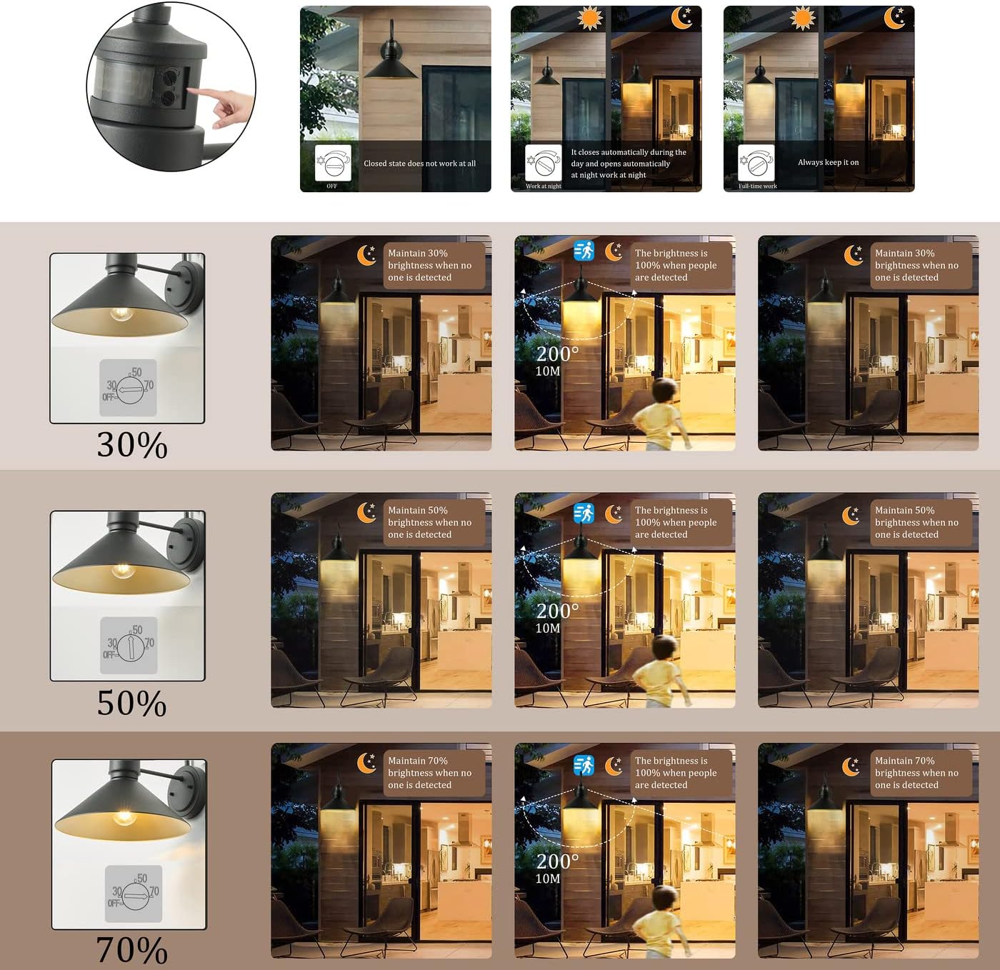 Aiwen Modern 13.77 Inch Outdoor Wall Lights Fixture Black Finish Golden Inside Exterior Wall Sconces with Motion Sensor Anti-Rust Waterproof Wall Mount Lights for Doorway Garage E26