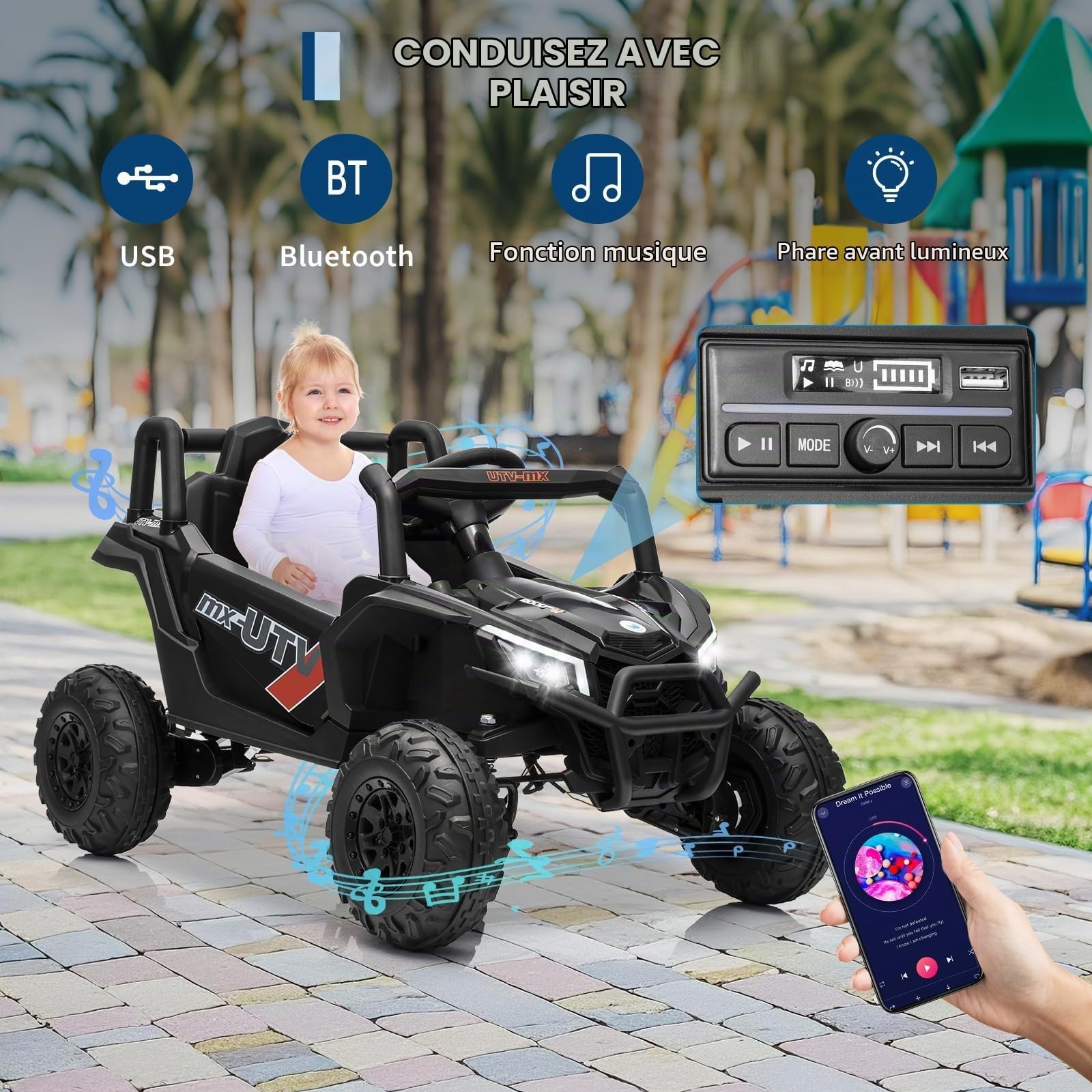 Garvee 4x4 Electrique Enfant UTV 12V avec Télécommande, Quad Enfant avec Phares LED, Musique, USB Et Bluetooth pour Enfants De 3 Ans+, Noir