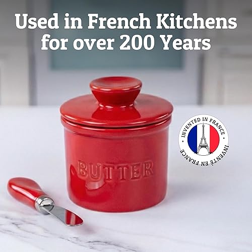 Vista 7 de PriorityChef Butter Crock with Lid with Water Line, Ceramic French Butter Dish to Leave On Counter, Red Rojo