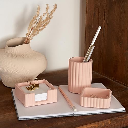 Miniatura 7 de KIBAGA Juego de 3 accesorios de escritorio modernos y estéticos, elegantes organizadores de hormigón rosa para bolígrafos y suministros de oficina,