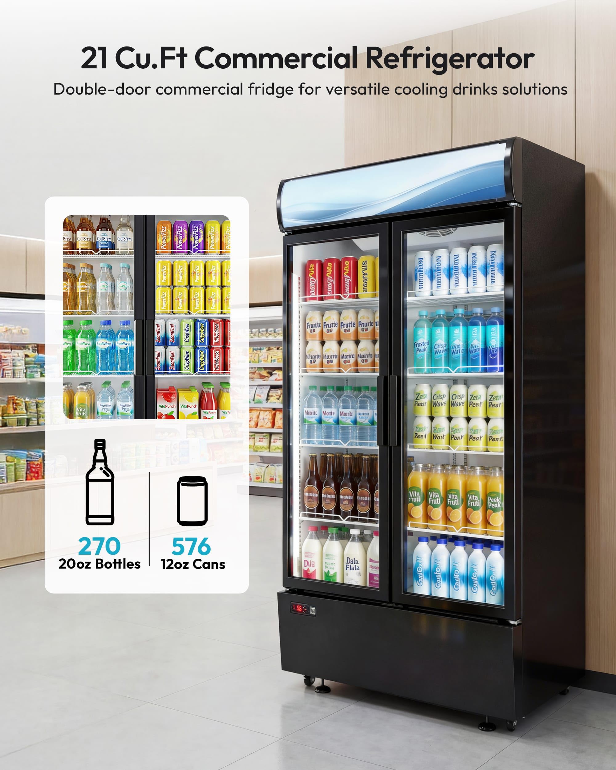ICEVIVAL 21 cu.ft Commercial Refrigerator, Beverage Refrigerator with Built-in LED Light, 2 Glass Door Drink Display Fridge with Adjustable Shelves, 32-50°F Temperature Control ETL Certified on Fridge.com