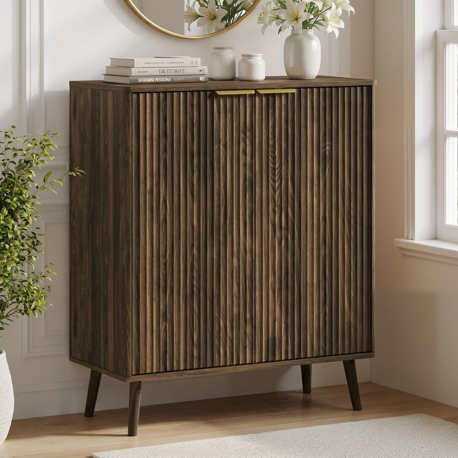 Fluted Shoe Cabinet with Doors, Large 5-Tier Shoe Cabinet Storage for Entryway, Walnut Wooden Shoe Cabinet with Adjustable Shelves, Modern Freestanding Shoe Storage Organizer for Entryway
