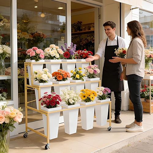 Miniatura 5 de Soporte de exhibición de flores de 3 niveles, soporte móvil de metal para plantas con 12 cubos, carrito de flores con ruedas, adecuado para