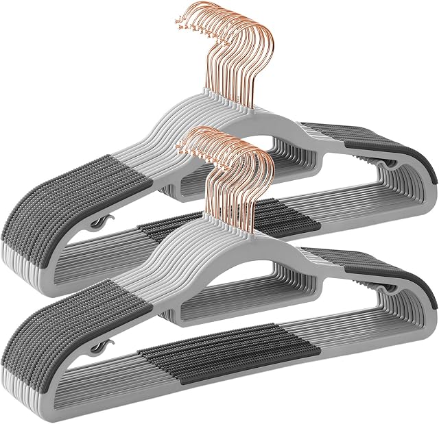 SONGMICS Set of 30 Clothes, Non-Slip Plastic, Space-Saving Coat Hangers, 0.5 cm Thick, 42 cm Long, 360° Swivel Hook in Rose Gold, Light Dark Grey CRP020G01, 42B x 21.5H cm