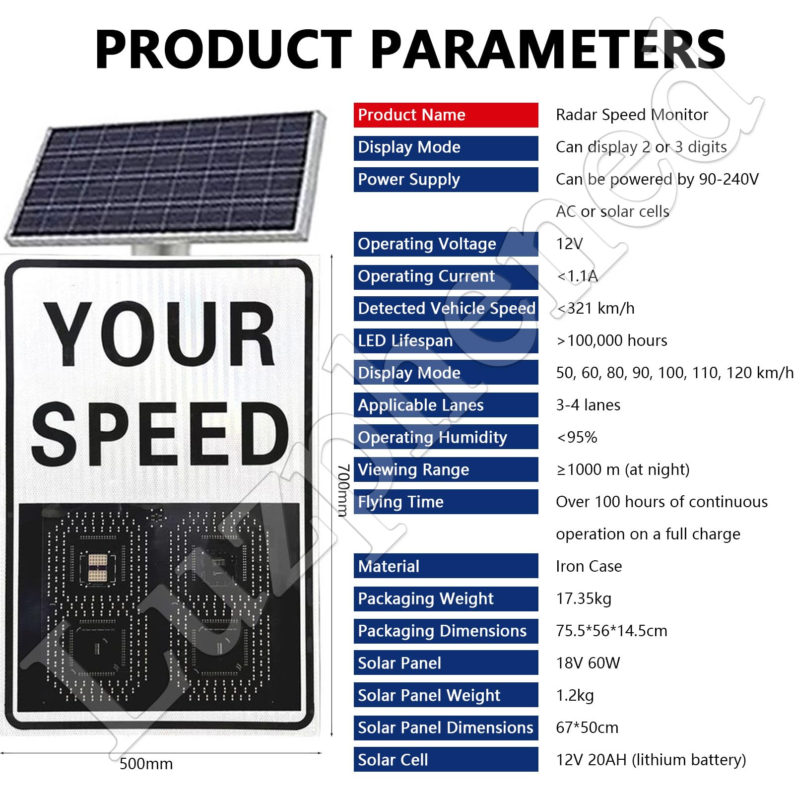 Radar di velocità, display di velocità, tachimetro a 2 cifre 50*60cm | Telecomando wireless, radar di velocità solare a LED, tachimetro lampeggiante