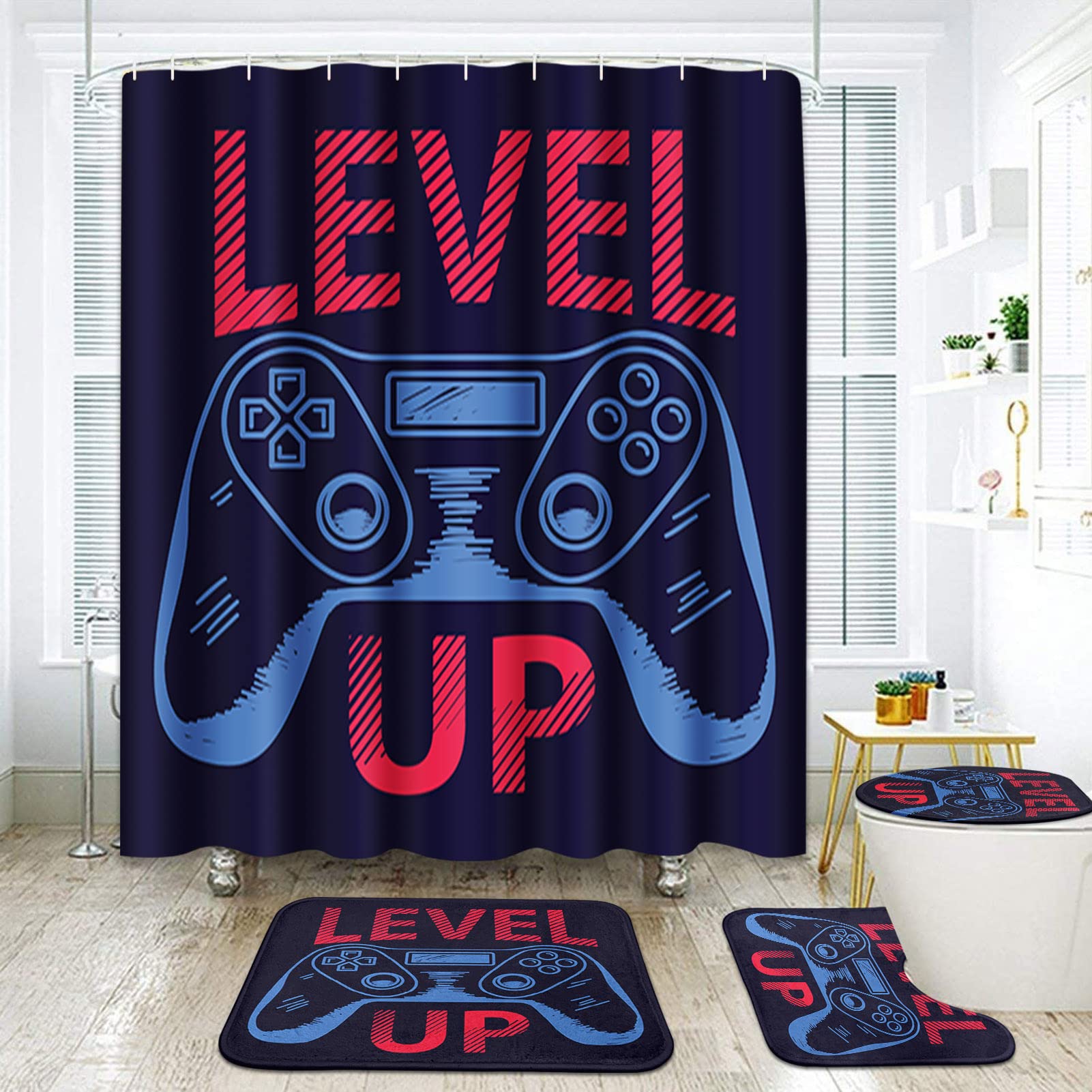 ArtSocket Fun Game Bathroom Set with Shower Curtain and Rugs Accessories, Computer Gamer Shower Curtain Set, Computer Child Play Game Shower Curtain for Bathroom, Level Up Bathroom Decor 4 Pcs