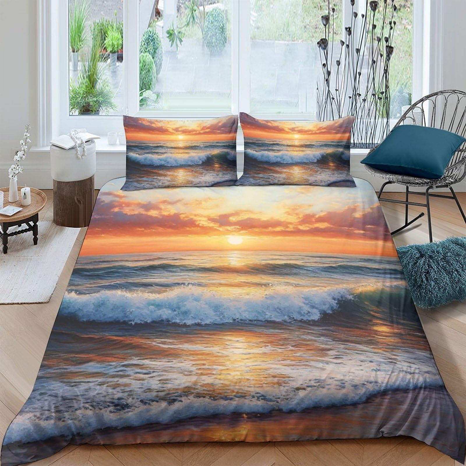 Ctjqhvkz Style-1 3D Printed Sunset Ocean Fitted Sheet Microfiber Soft Breathable Wave Mattress Cover Bedroom Decor Single（135X200cm）