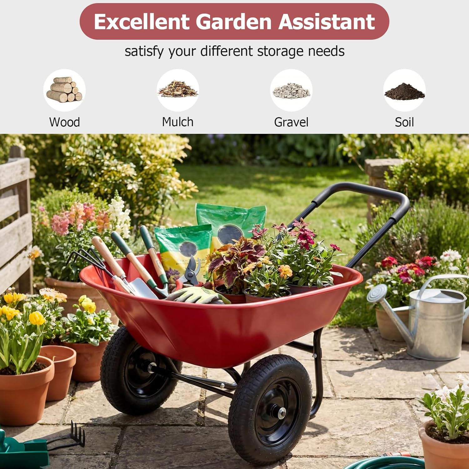 ERGOMASTER Dual-Wheel Wheelbarrow, Home Utility Garden Cart, Large Heavy Duty Yard Cart for Gardening (Red)