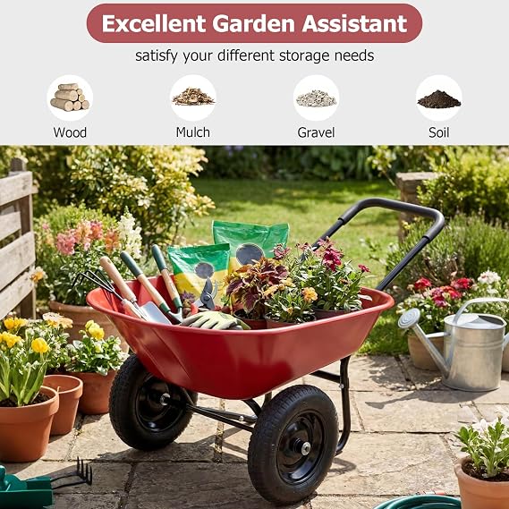 ERGOMASTER Dual-Wheel Wheelbarrow, Home Utility Garden Cart, Large Heavy Duty Yard Cart for Gardening (Red)
