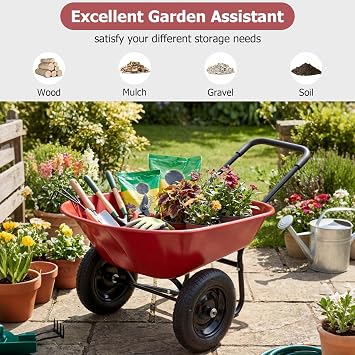 ERGOMASTER Dual-Wheel Wheelbarrow, Home Utility Garden Cart, Large Heavy Duty Yard Cart for Gardening (Red)