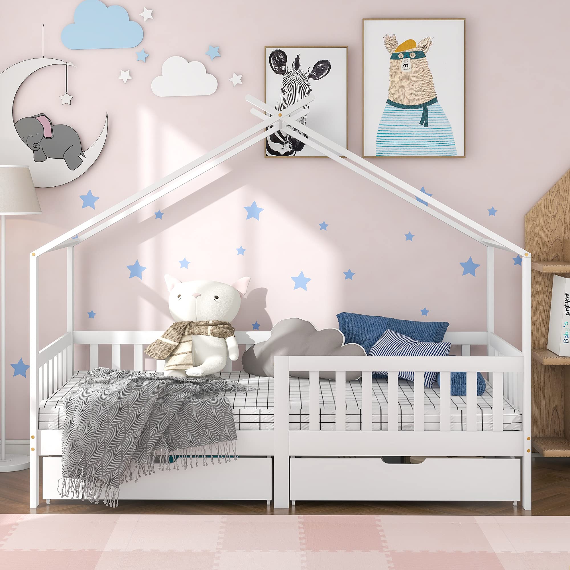 ModernLuxe Cama para niños 90 x 200 cm, Cama Infantil con cajones y Somier Estructura de Madera Pino En diseño de Casa con Reja de Seguridad Protección Blanco (sin colchón)
