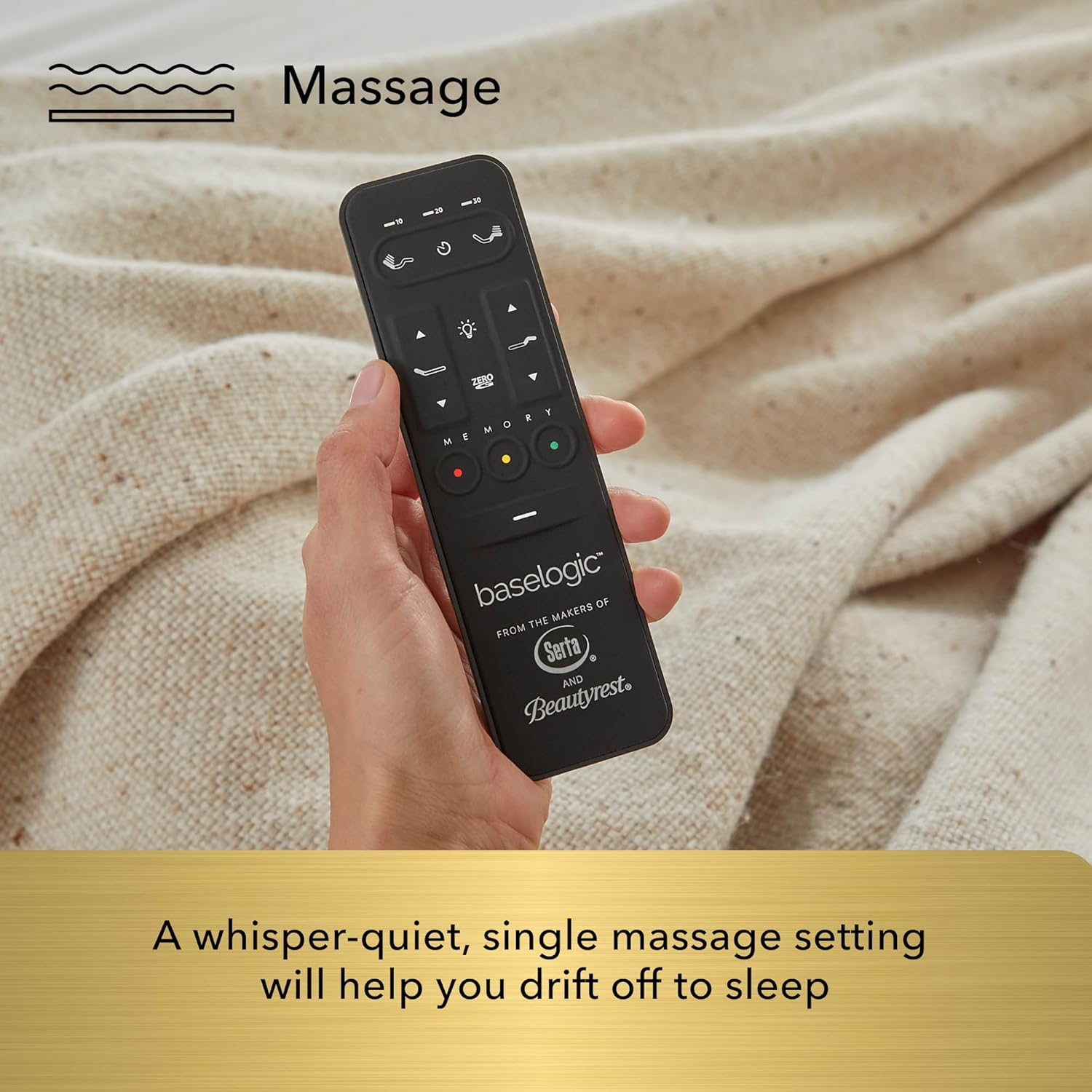 Close-up of a hand holding the Serta baselogic wireless remote control, showing buttons for head and foot adjustment, zero-gravity, memory presets, massage, and underbed lighting.