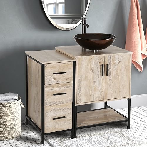 Miniatura 9 de eclife Combo de lavabo de baño de 36 pulgadas con gabinete lateral de 3 cajones independientes y fregadero redondo de vidrio templado de bronce y