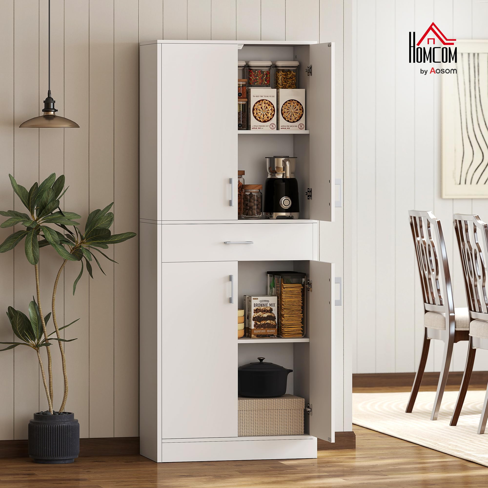 HOMCOM Credenza Cucina Alta, Mobile Dispensa con 2 Armadietti e Cassetto Grande, Mobile Cucina con Ripiani Regolabili, per Sala da Pranzo, Soggiorno, Salotto, 70.8x34x180 cm, Bianco