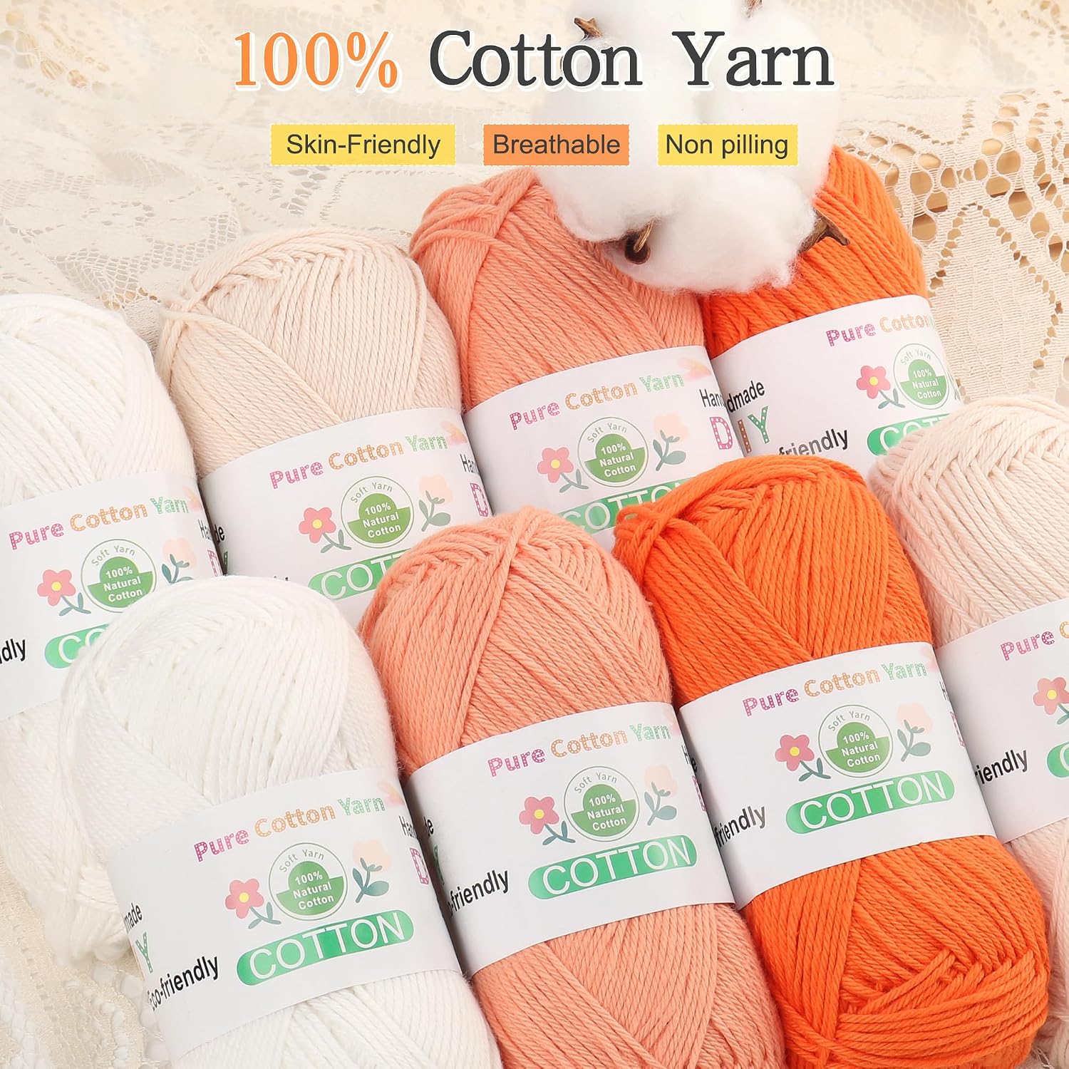 Katech 1OO% Cotton Yarn for Crocheting & Knitting–12-Color of 137 Yards/1.76 oz Baby Cotton Yarn Sport Weight CYC #2-Soft & Breathable-Ideal for Dishcloths, Baby Clothes, Potholders(F)