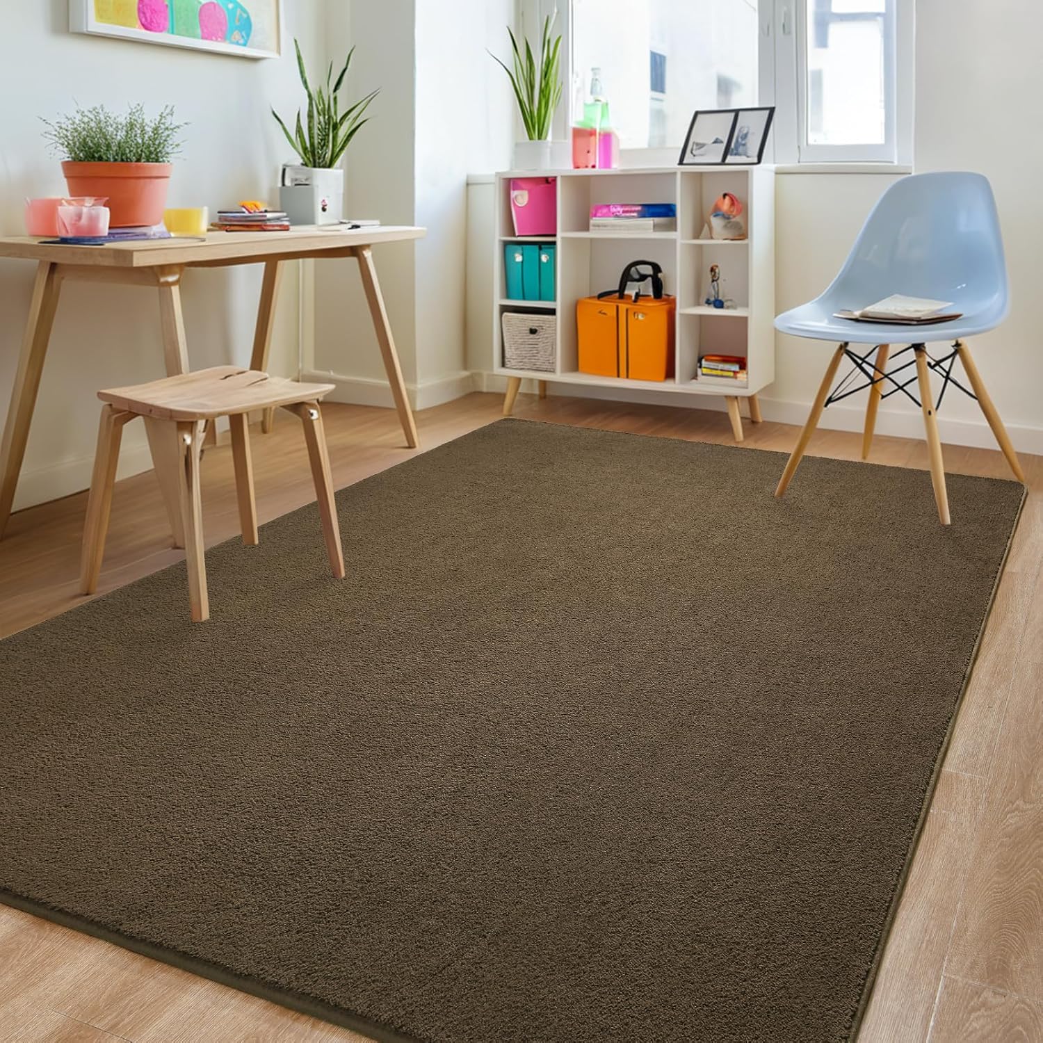 5x7 Feet Area Rug for Living Room Bedroom, Light Brown Low Pile Washable Rugs, Memory Foam Indoor Carpet, Modern Non Slip Carpets for Kids Girls Boys Baby Teen Dorm Nursery Home Decor