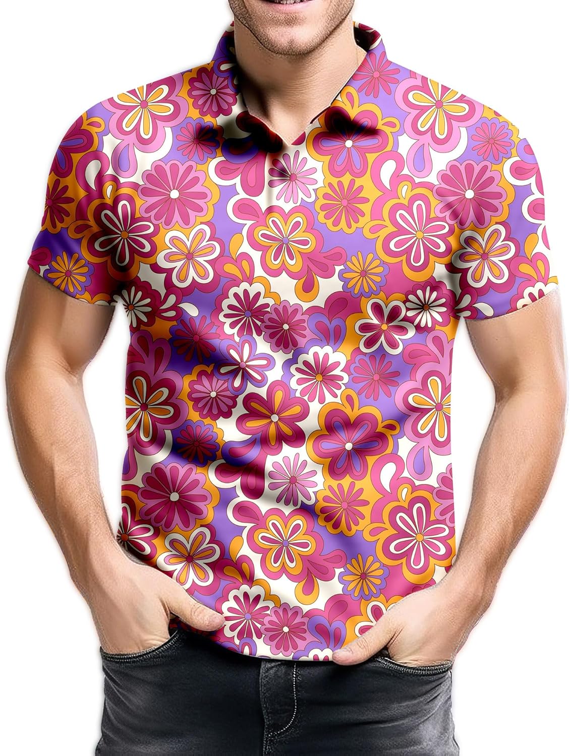 Mens 70s Golf Shirts, Funny 70s Shirts for Men, Short Sleeve, Medium, Typical 70's Colors